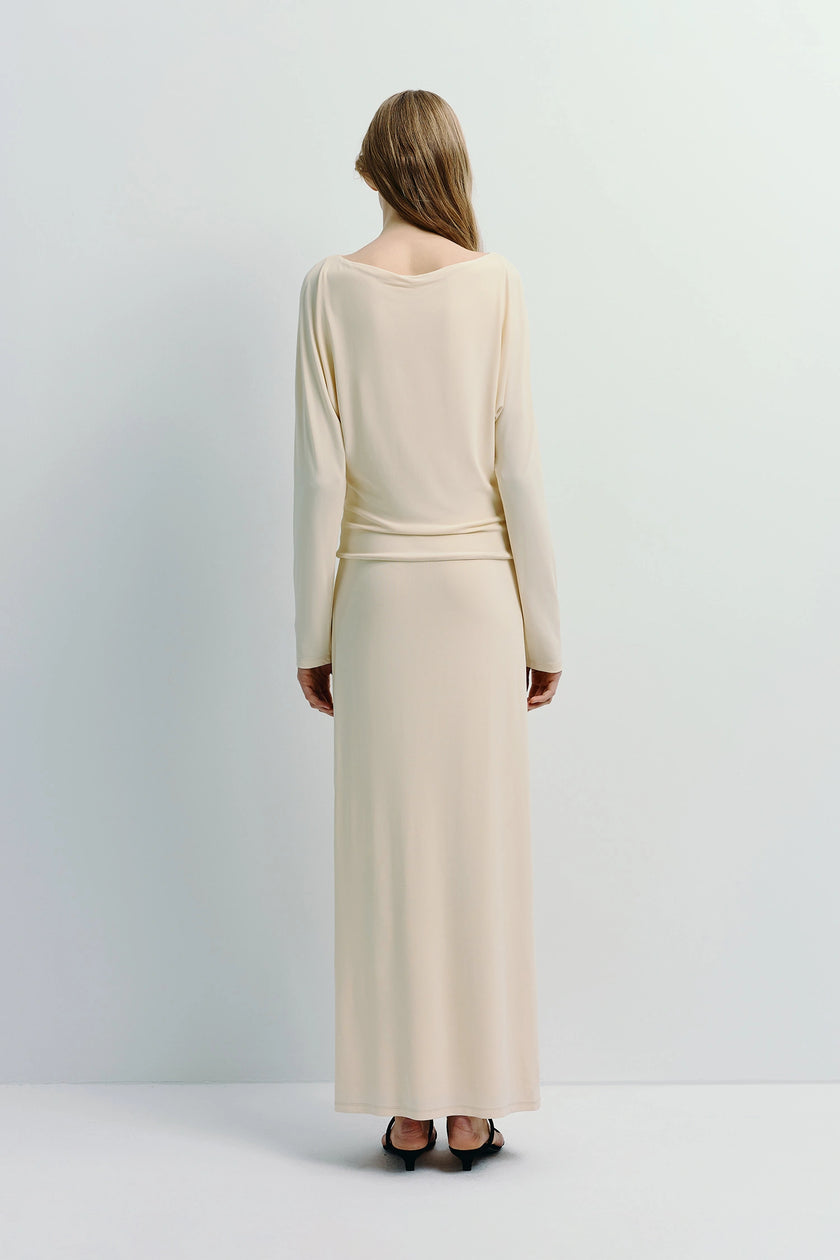 Cream Agla Dolman Sleeve Dress, back view, midi length with dolman sleeves and relaxed fit