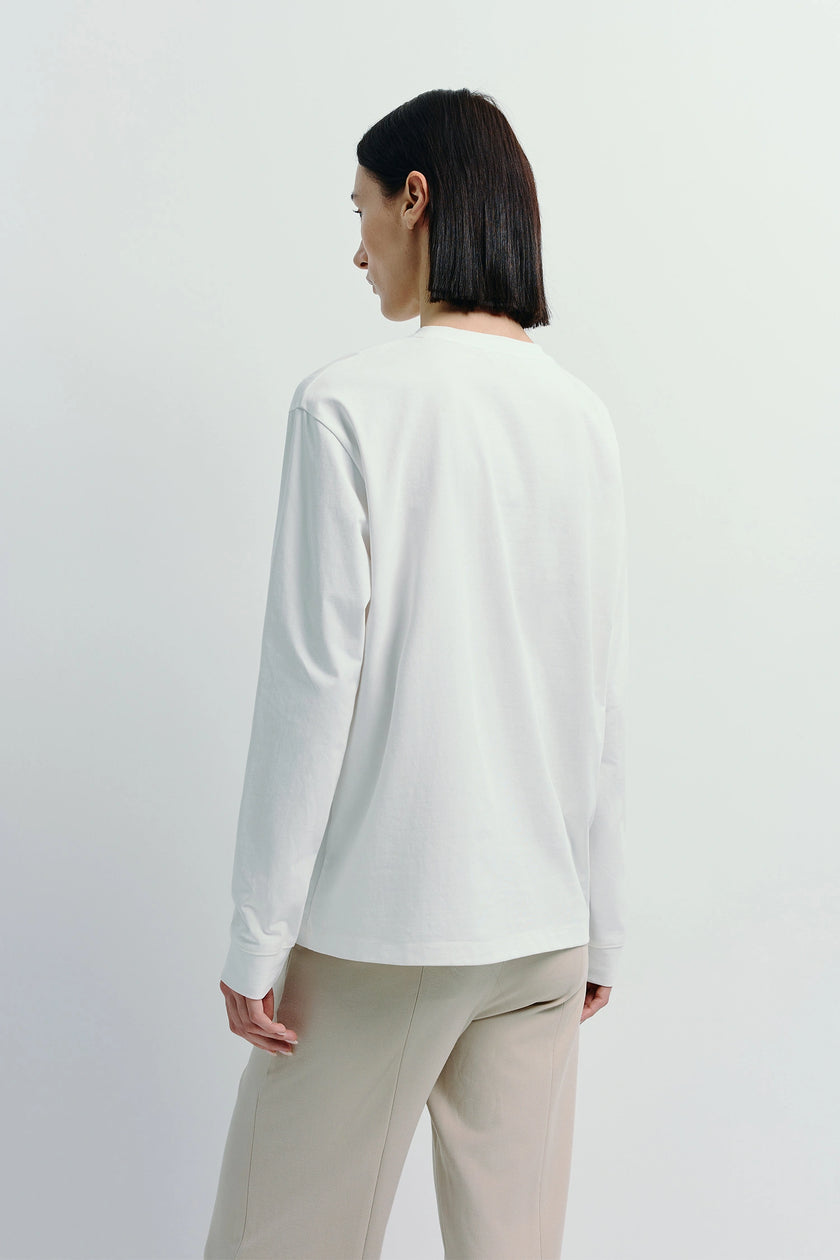 Anza Long Sleeve Top in white, crewneck, cotton-polyester blend, long sleeve top.