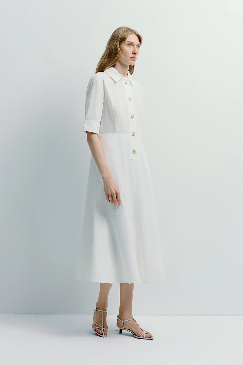Beca Midi Shirt Dress in white cotton, midi length. Elegant and timeless design for effortless elegance.