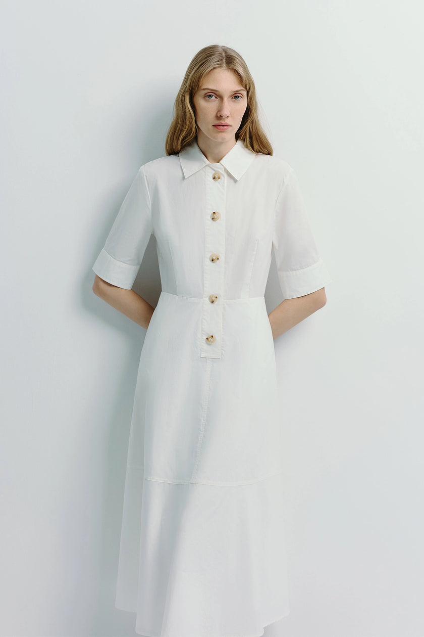 White cotton Beca Midi Shirt Dress with button details, midi length, and regular fit