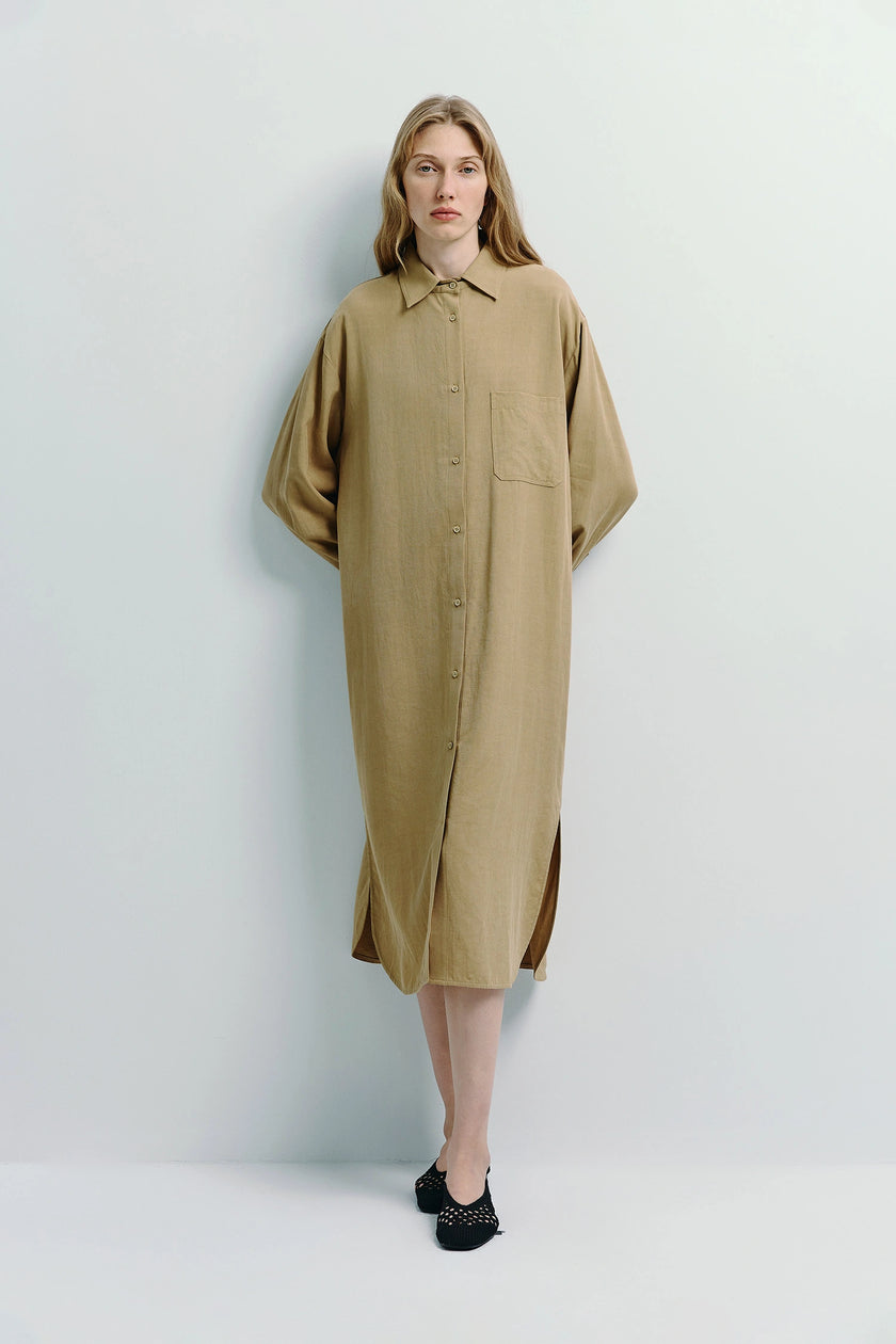 Carel Oversized Shirt Dress in tan lyocell-linen blend, relaxed fit for women