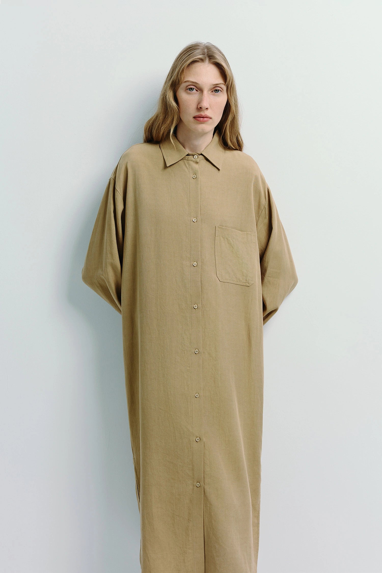 Carel Oversized Designer Shirt Dress | Flowy Silhouette & Textured Feel | Rue Sophie S / Khaki Carel Oversized Designer Shirt Dress | Flowy Silhouette & Textured Feel | Rue Sophie S / Khaki