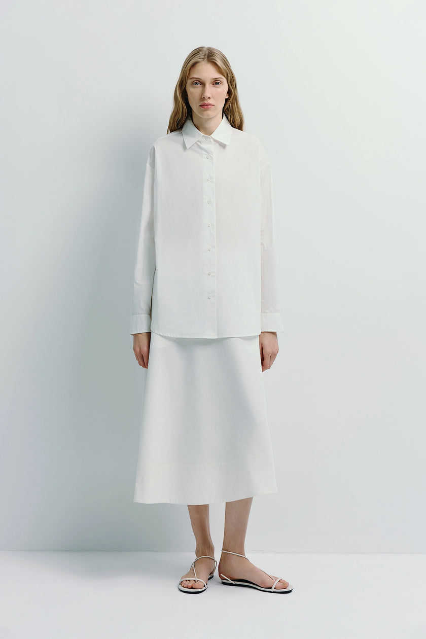 White Clive Asymmetric Midi Skirt and Blouse, cotton-lyocell blend, flowy silhouette, modern outfit