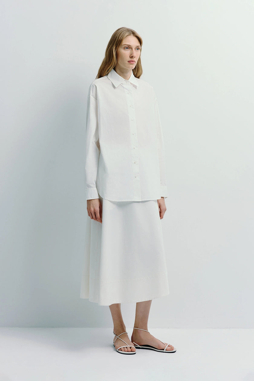 White Clive Asymmetric Midi Skirt and blouse, cotton-lyocell blend, flowy silhouette, modern outfit