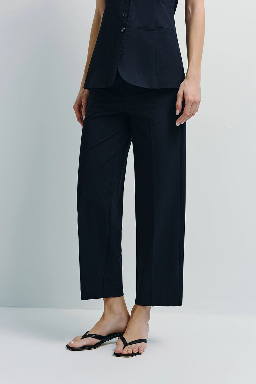 Black Donette Cropped Wide Leg Pant, modern relaxed tailoring, paired with vest, neutral palette