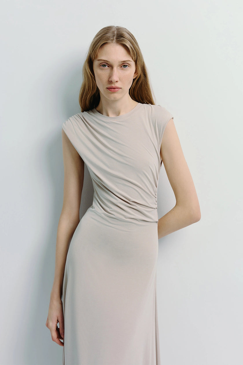 Gianna Cupro Midi Dress in light beige with draped neckline, modal-nylon blend, elegant relaxed style