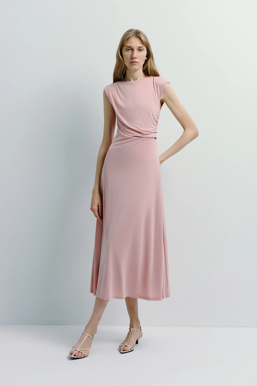 Gianna Cupro Midi Dress in light pink with shirred details. Elegant and comfortable for special events.