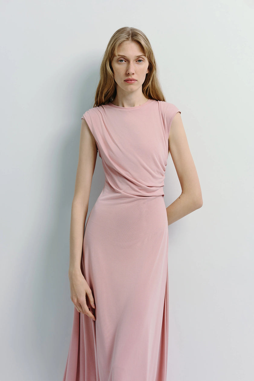 Light pink Gianna Cupro Midi Dress, elegant midi dress with draped neckline for special events