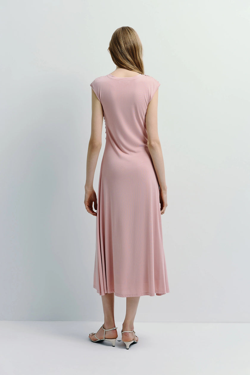 Light pink Gianna Cupro Midi Dress with shirred details, elegant and comfortable for special events