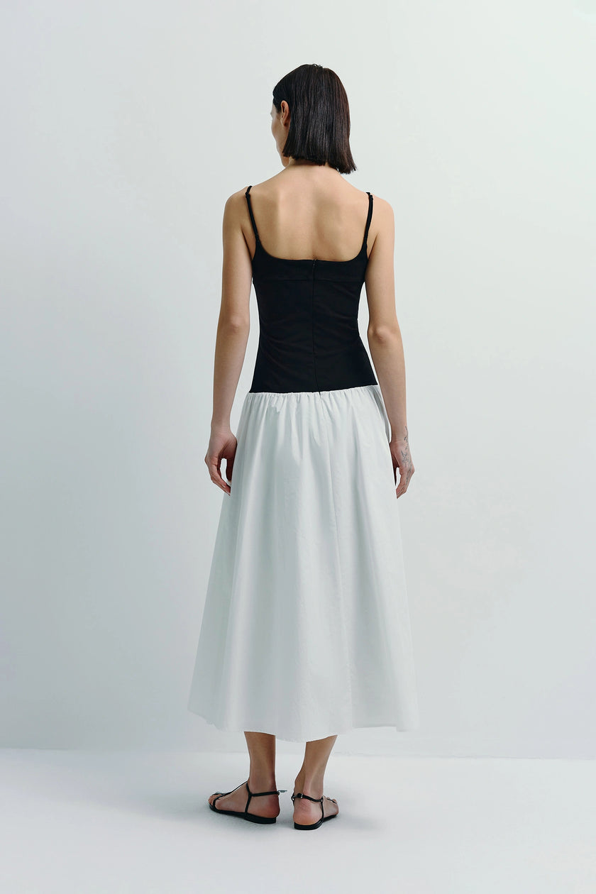 Ines Cami Dress, black top white skirt, spaghetti straps, midi dress