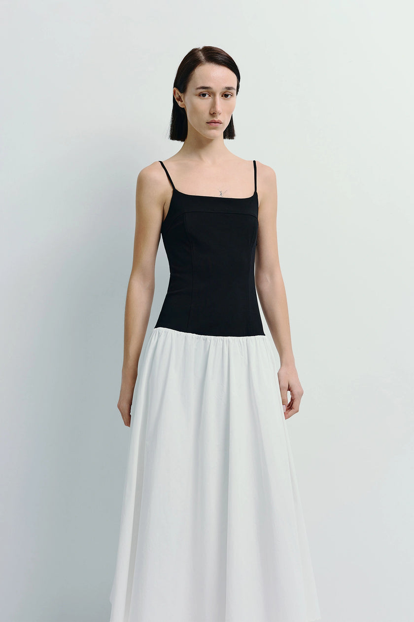 Ines Color Blocked Cami Dress with black top and white midi skirt, spaghetti straps