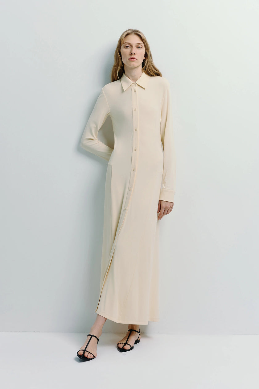 Jilly Button Down Dress in cream color, made of viscose-spandex blend, long sleeve, for women