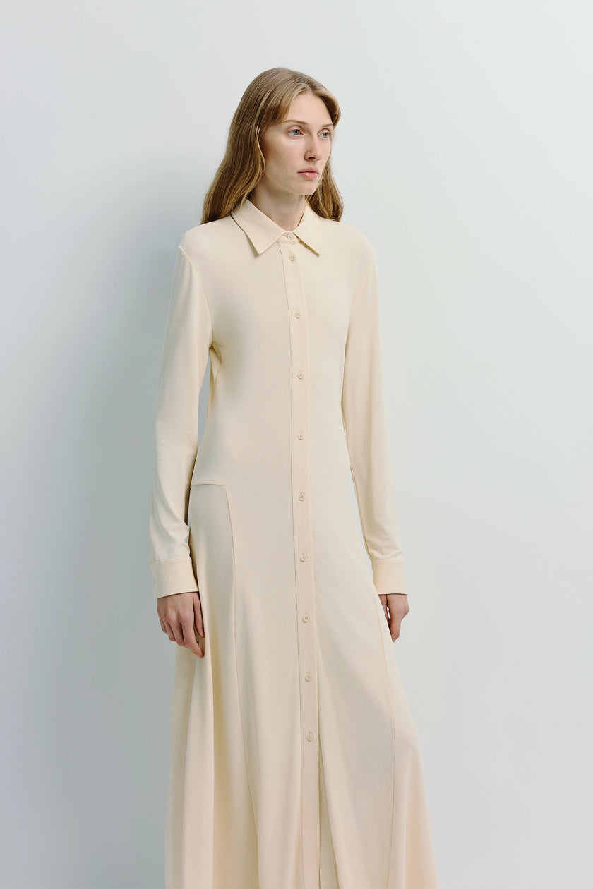 Cream Jilly Button Down Dress. Viscose-spandex blend, long-sleeve elegant design for women.