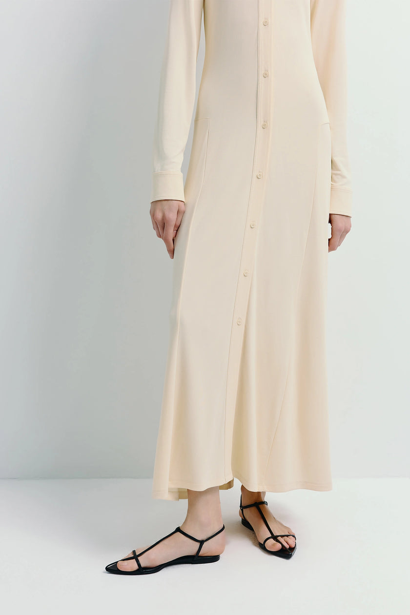 Jilly Button Down Dress in neutral color, viscose-spandex blend, long sleeves, black sandals