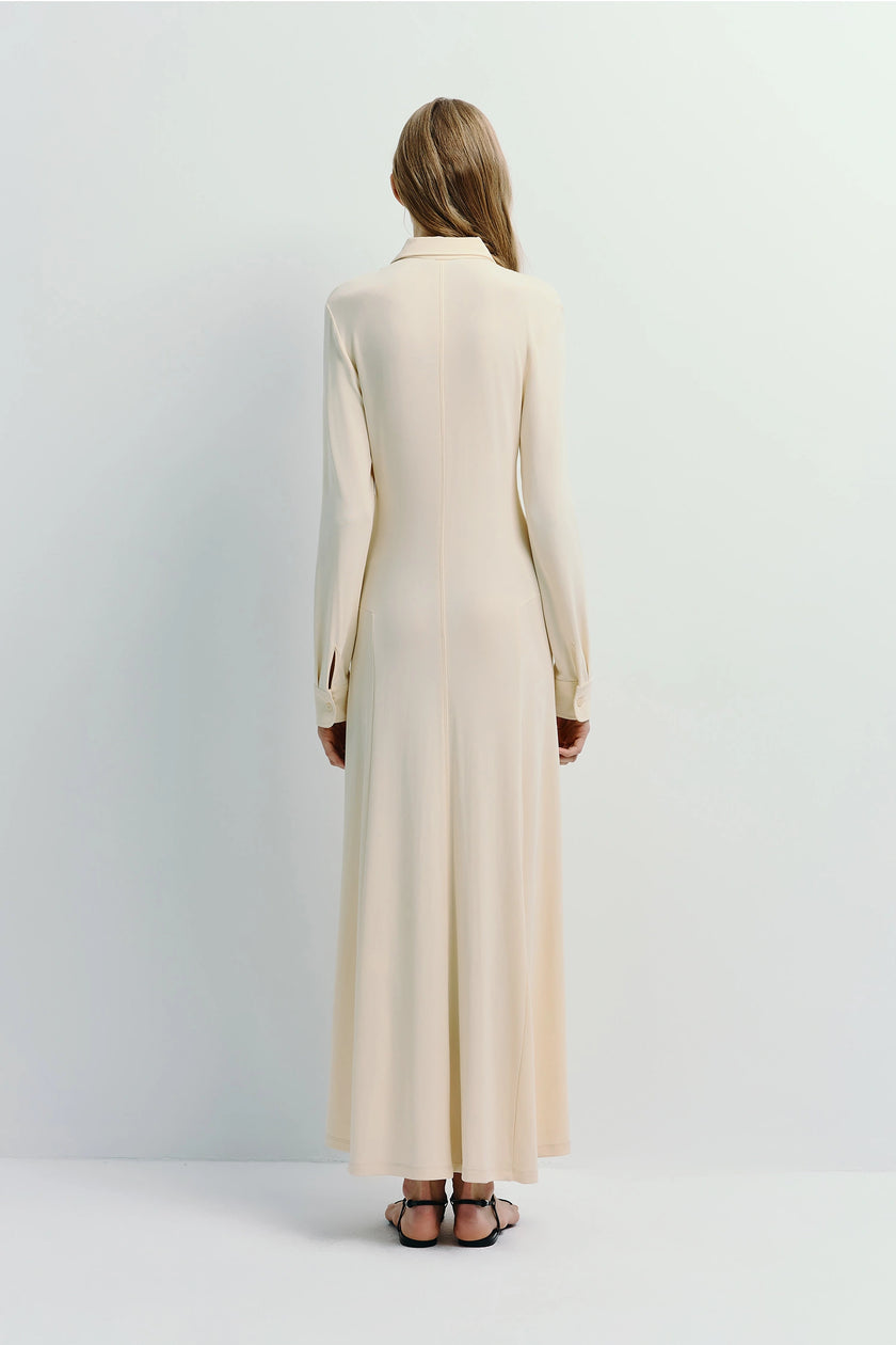 Cream Jilly Button Down Dress, long sleeve, viscose-spandex blend, elegant design