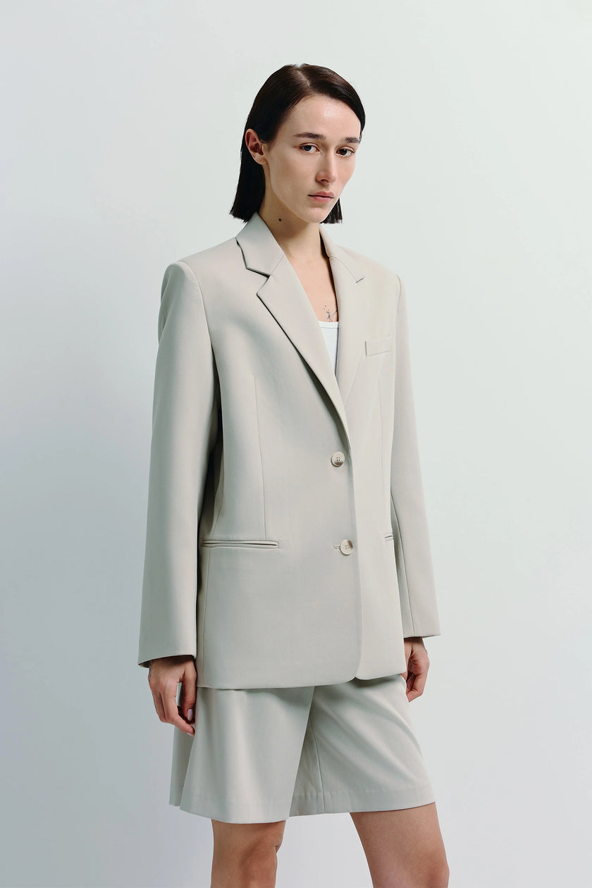 Light beige Lela Boxy Blazer with shorts, lyocell-rayon blend, workwear and casual outfit