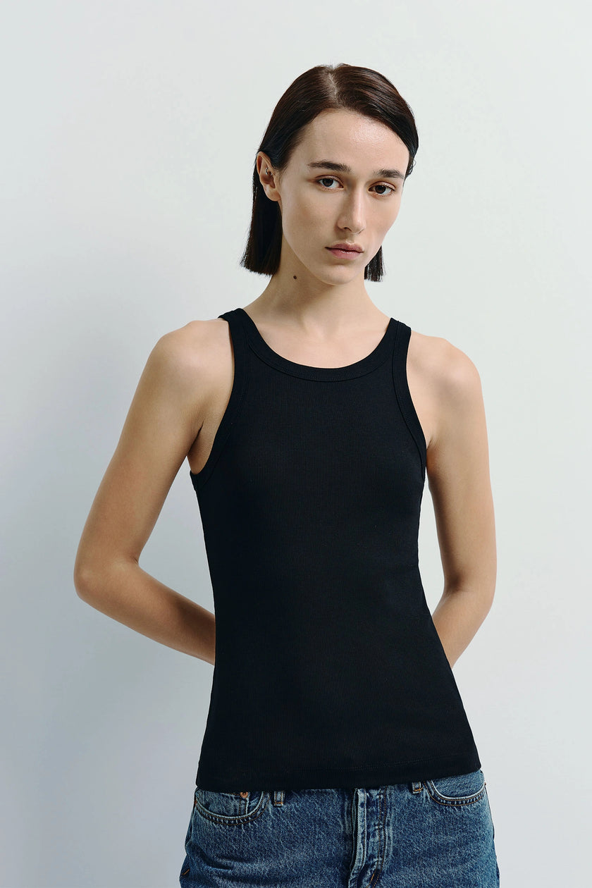 Black Luka Ribbed Tank Top for women. Cotton-viscose blend tank, minimalist design, perfect for layering.