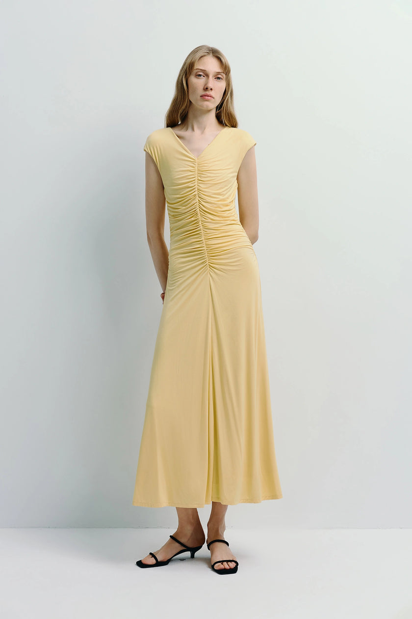 Pale yellow Mille Rouched Midi Dress with ruched center detail, flowy silhouette