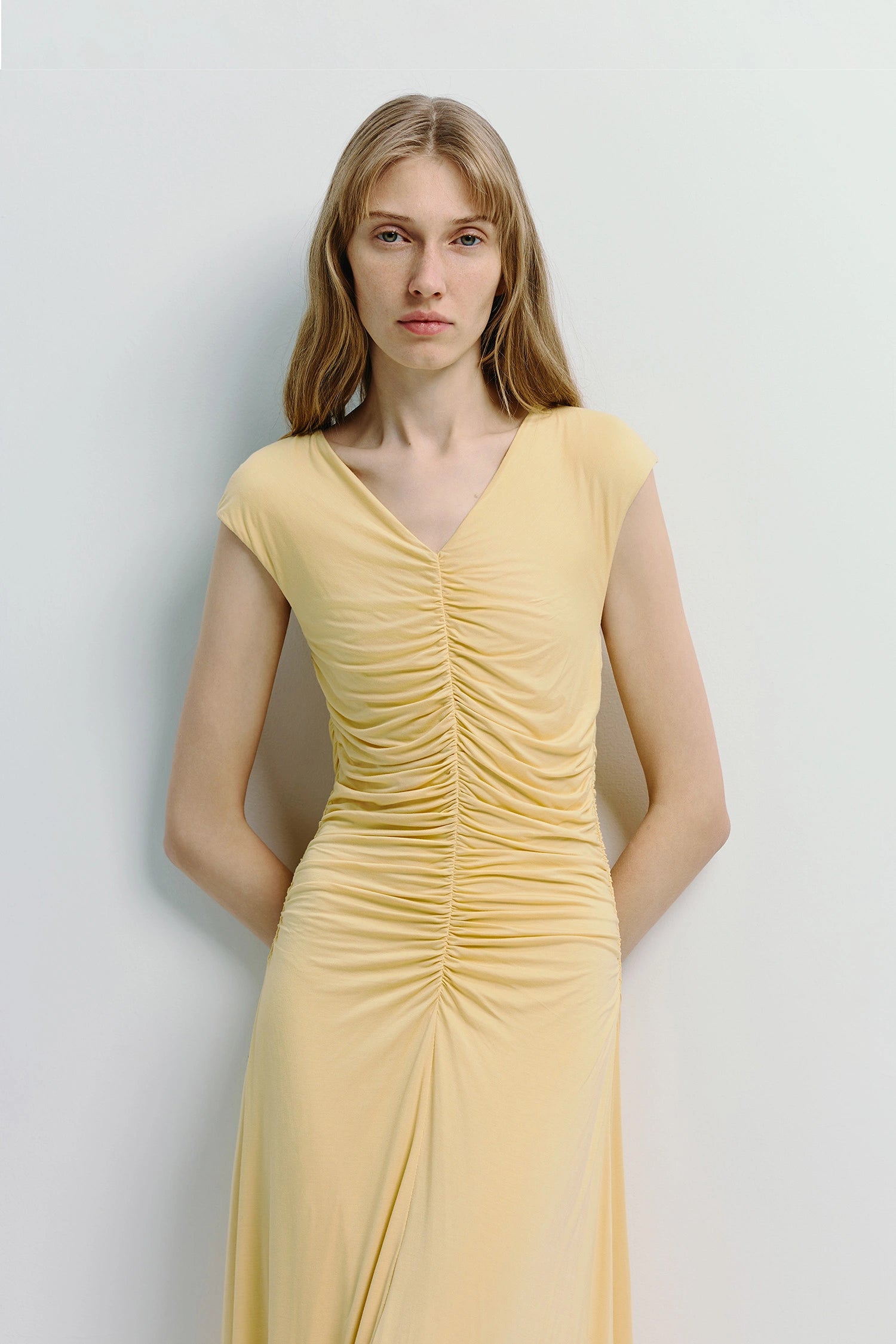 Mille Ruched Designer Midi Dress | Elegant Ruched Detailing & Flattering Fit | Rue Sophie L / Yellow Mille Ruched Designer Midi Dress | Elegant Ruched Detailing & Flattering Fit | Rue Sophie L / Yellow