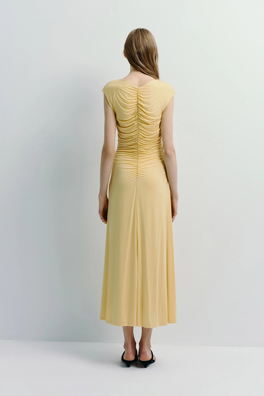 Pale yellow Mille Rouched Midi Dress with ruched back detail