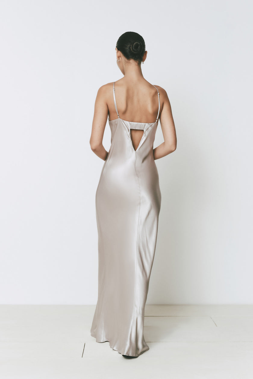 Champagne Villa Dress with open back, silk fabric, floor length