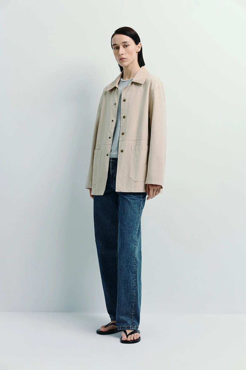 Rue Sophie Nat Field Jacket in beige with relaxed fit, paired with denim jeans