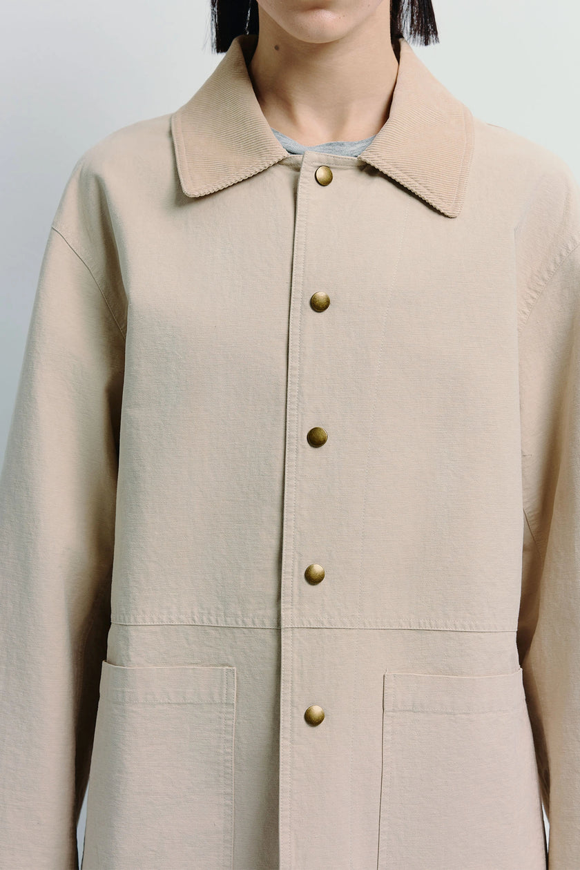 Rue Sophie Nat Field Jacket in tan cotton with brass buttons and corduroy collar