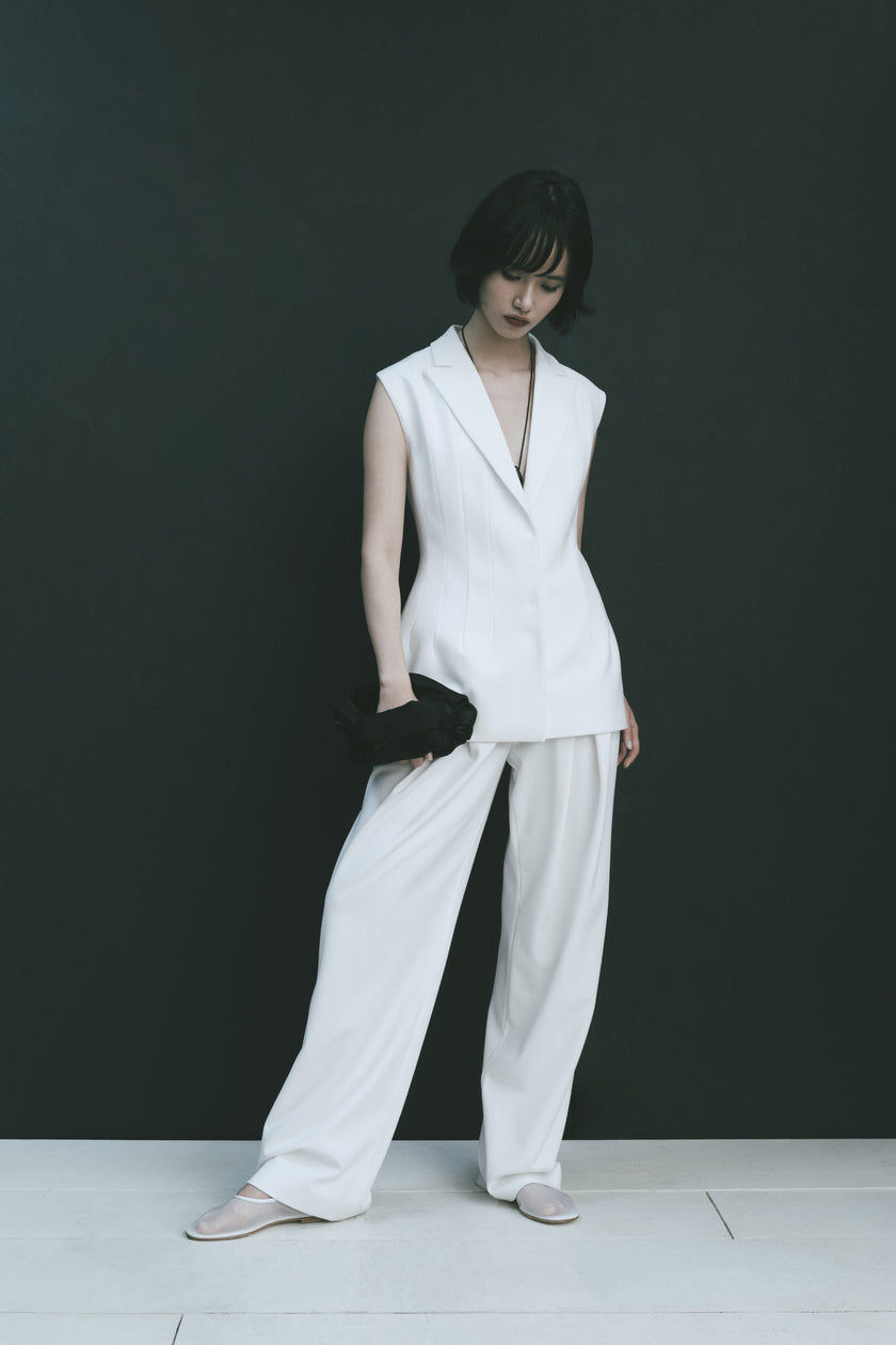 Odette Blazer Vest ensemble, white vest and trousers, Rue Sophie minimalist fashion.