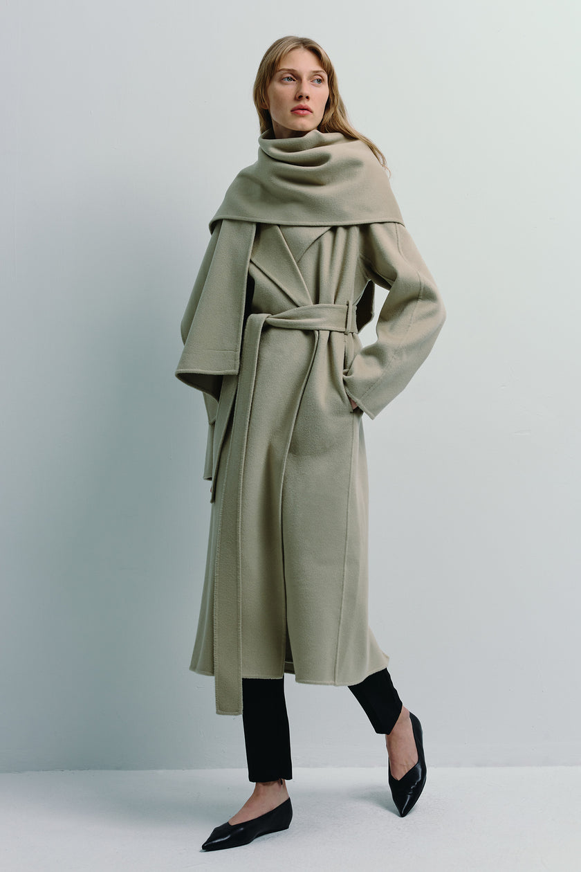 Beige wool-cashmere Grand Scarf Coat with detachable scarf by Rue Sophie