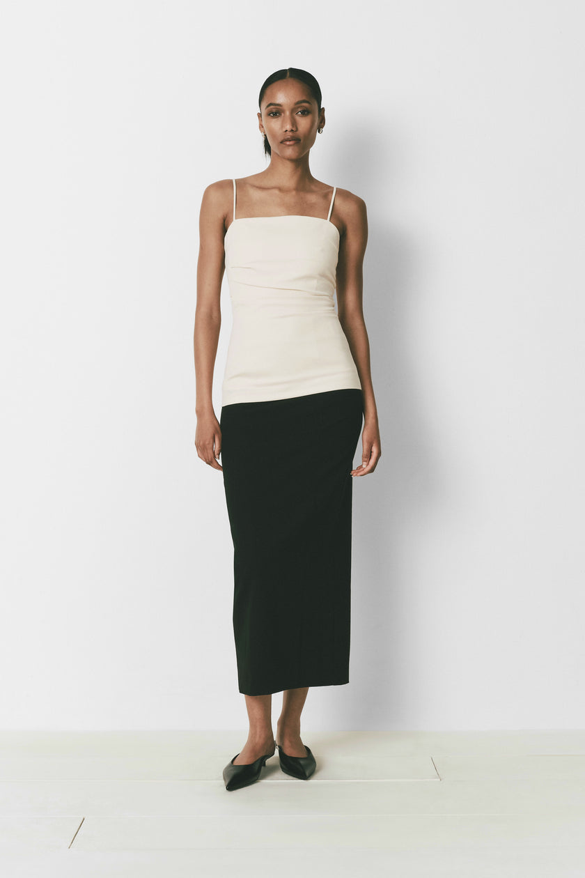 Iles Top and Black Skirt Outfit. Square neck top with adjustable straps and crepe feel.