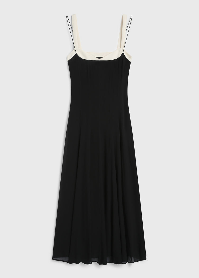 Ambroise Cami Dress black viscose midi dress with white straps and neckline, perfect for events.