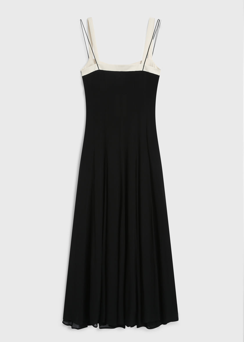 Ambroise Cami Dress in black viscose with ivory straps. Perfect for elegant events and day to night wear.