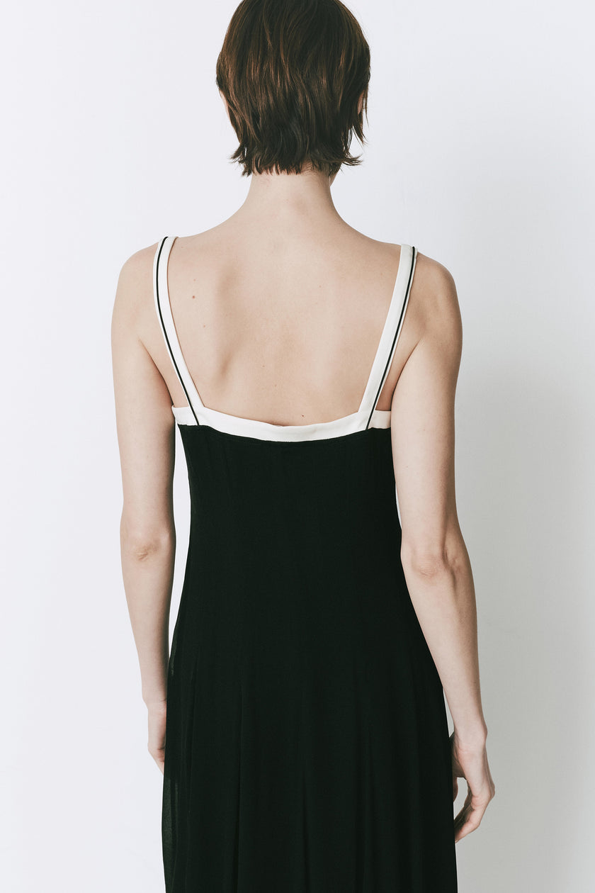 Ambroise Cami Dress black midi dress with white straps, back view, perfect for day to night events
