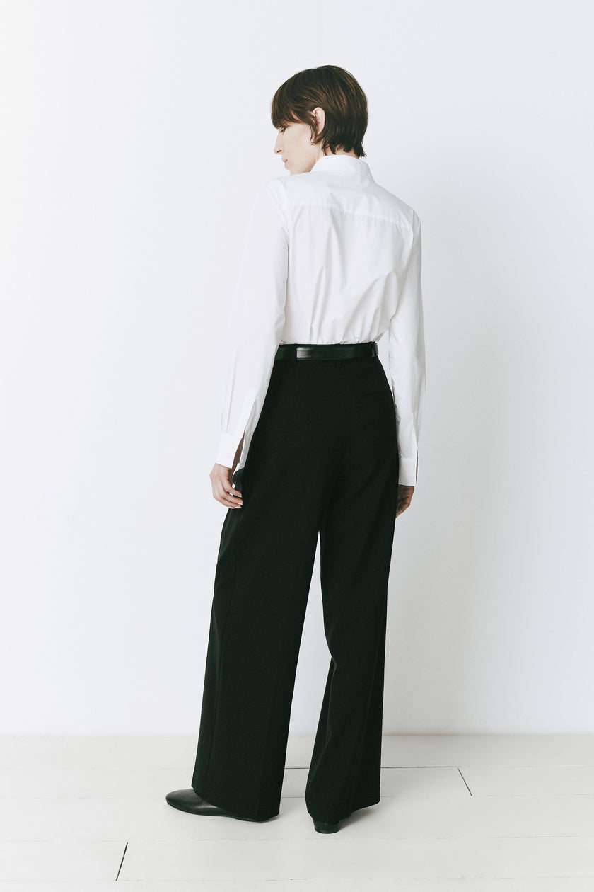 Andre Wide Leg Pant. Black wide-leg pant in wool blend, tailored fit, elegant for women's workwear.
