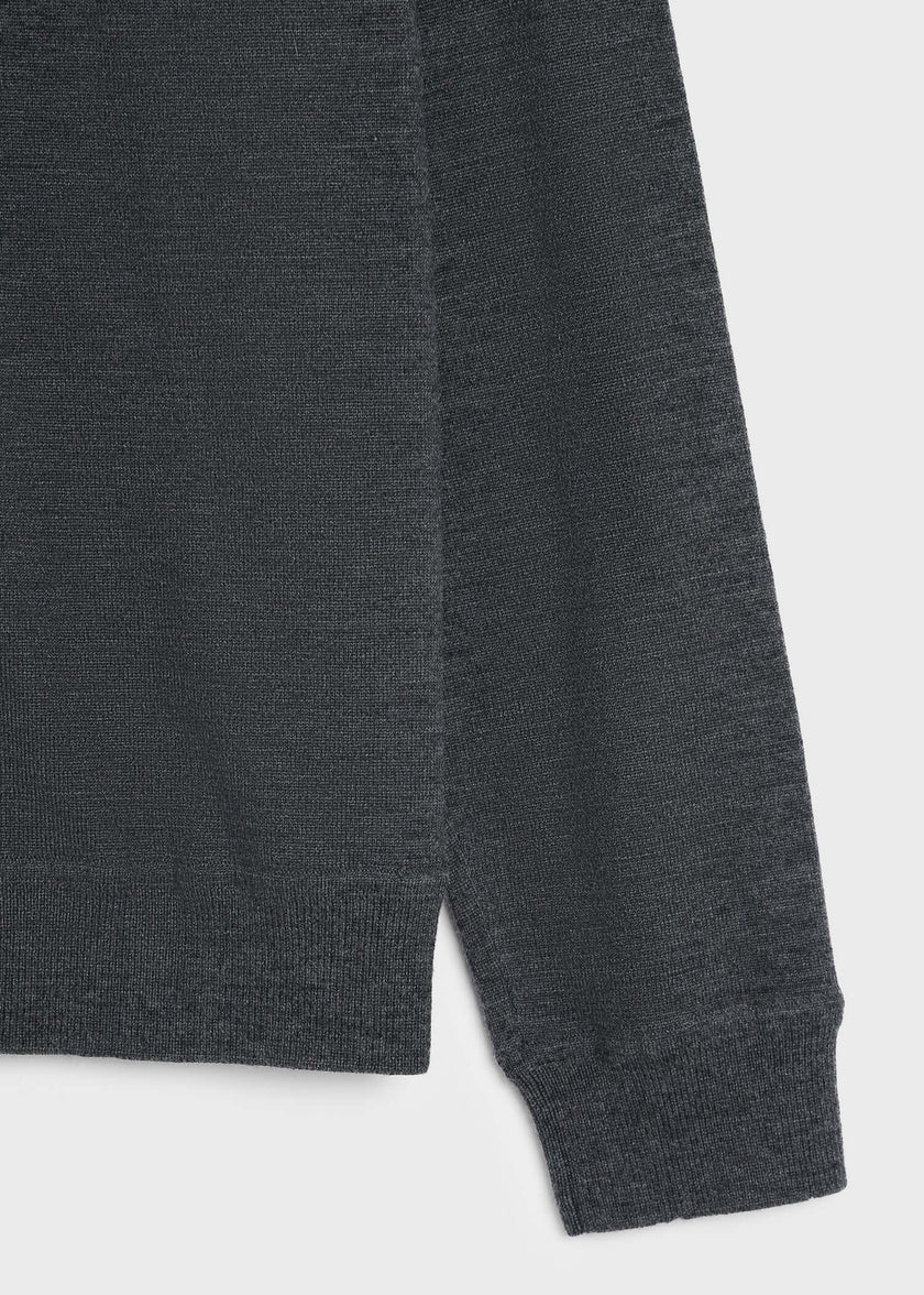 Cinder Arpels Oversized Cardigan, charcoal wool fabric detail, timeless layering piece.