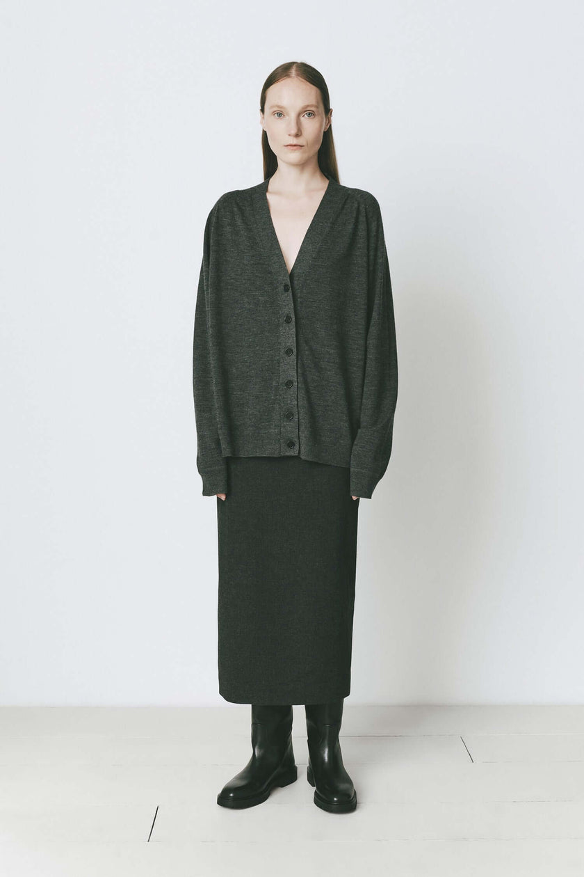 Arpels Oversized Cardigan in Cinder. Wool cardigan and skirt ensemble with black boots for fall and winter styling.