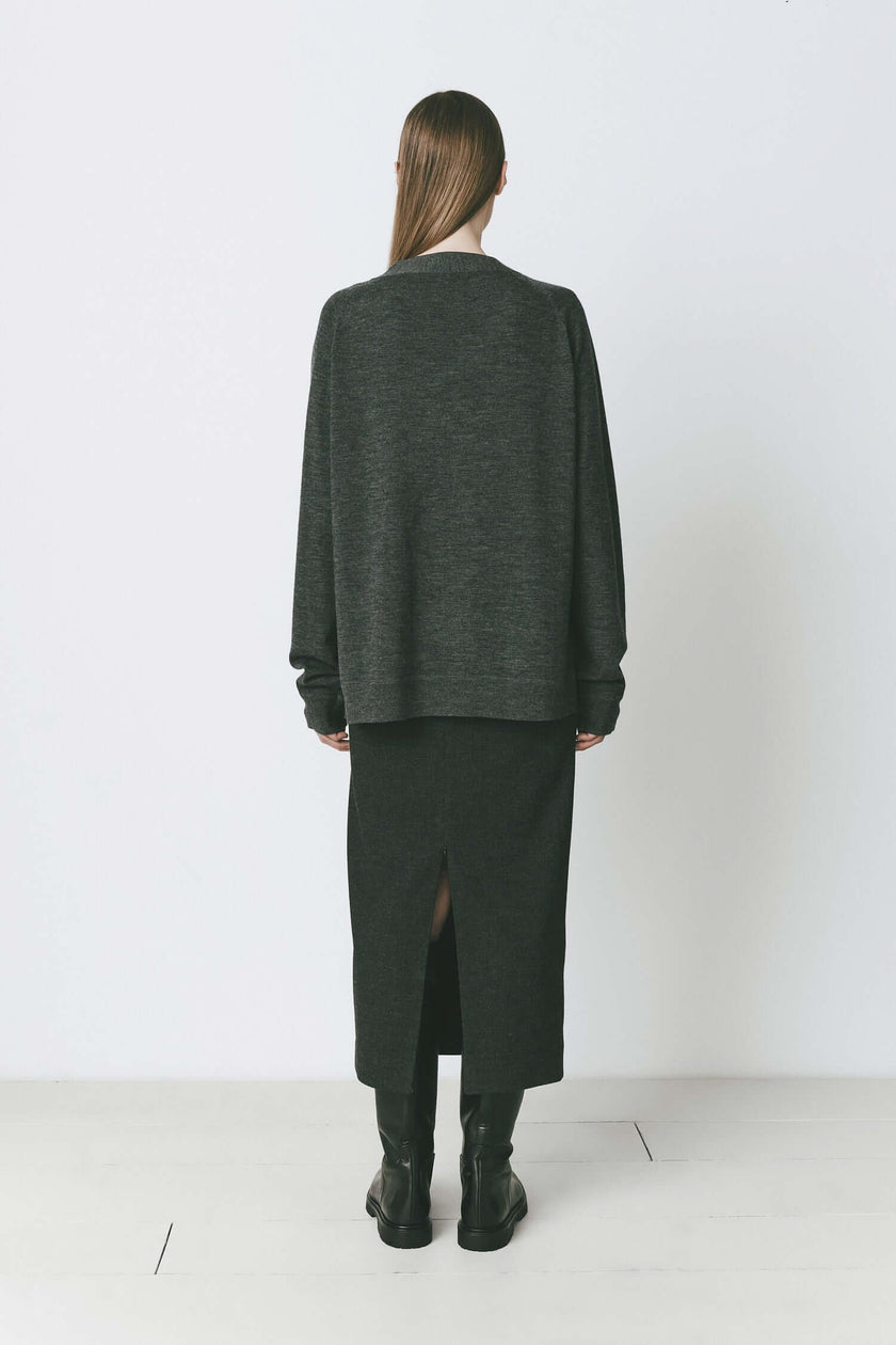 Arpels Oversized Cardigan in Cinder, wool cardigan with matching skirt and black boots for fall and winter styling.