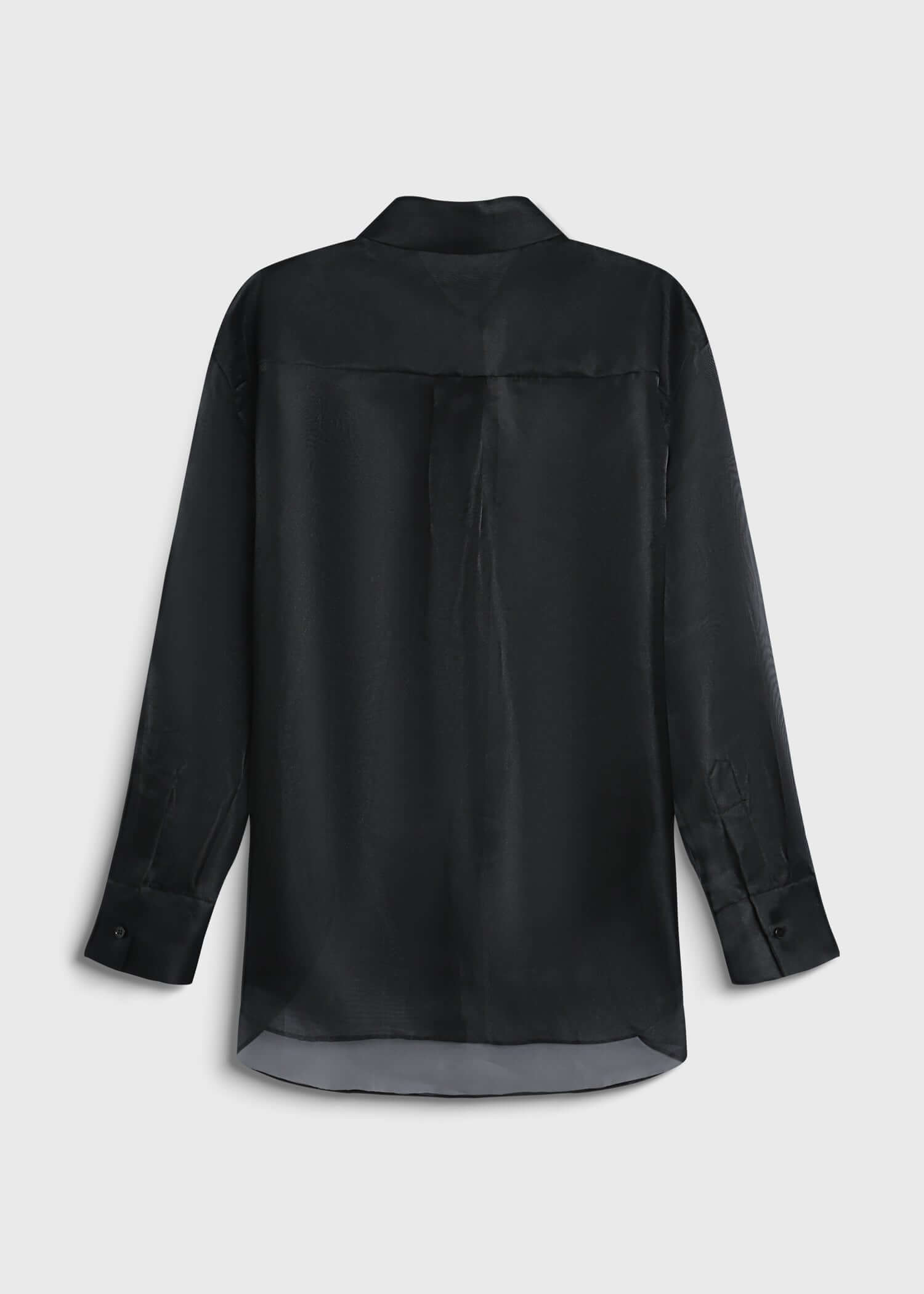 Rue Sophie Auber Organza Shirt in black. Sheer oversized design with hidden front button closure, ideal for chic layering and elegant fashion looks.