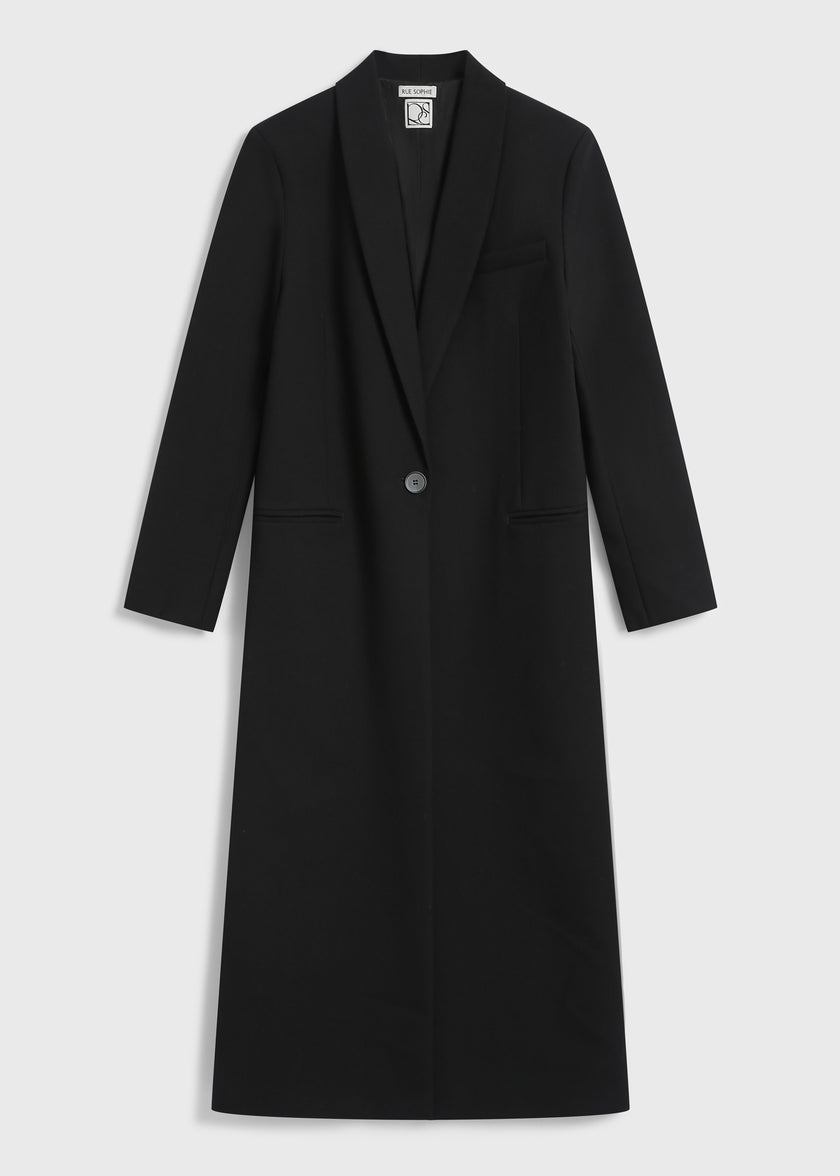 Rue Sophie Augustin Deep Neck Coat in black wool-poly blend, midi-length, draped fit, single-button closure.