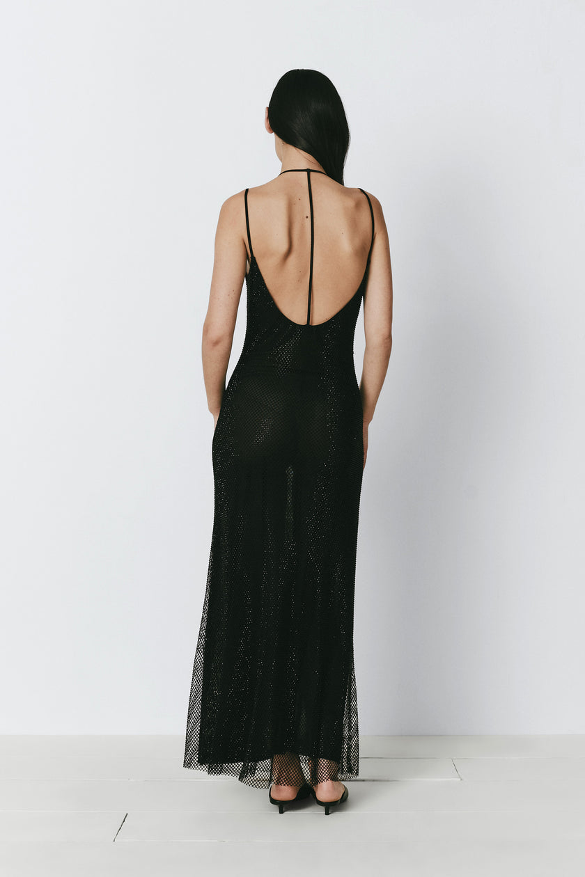 Bellamy black rhinestone mesh dress, back view. Sheer, elegant dress for special occasions.