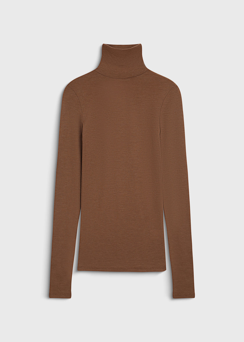 Rue Sophie Bellville Sheer Wool Top in tobacco, sheer wool turtleneck, slim fit