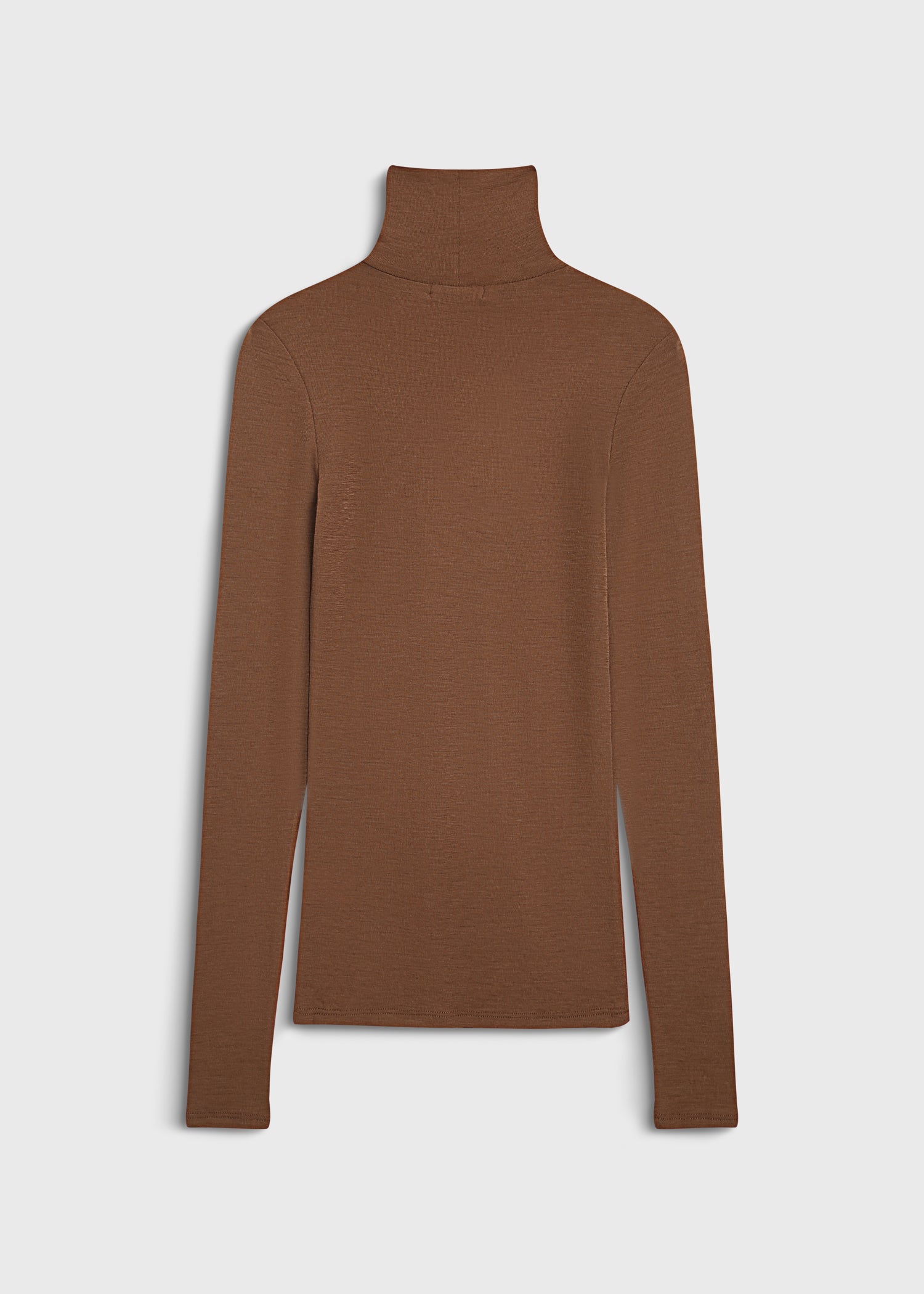 Rue Sophie Brown wool turtleneck top with long sleeves and a slim-fit design.