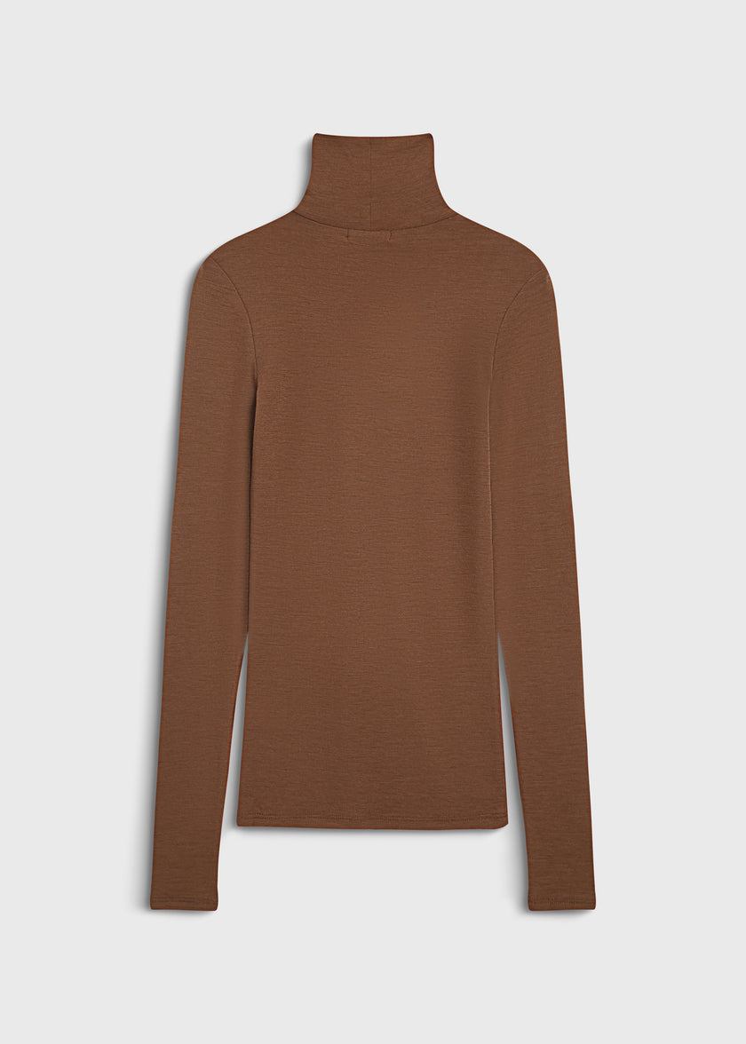 Tobacco wool turtleneck top from Rue Sophie, slim fit. Sheer wool knit.