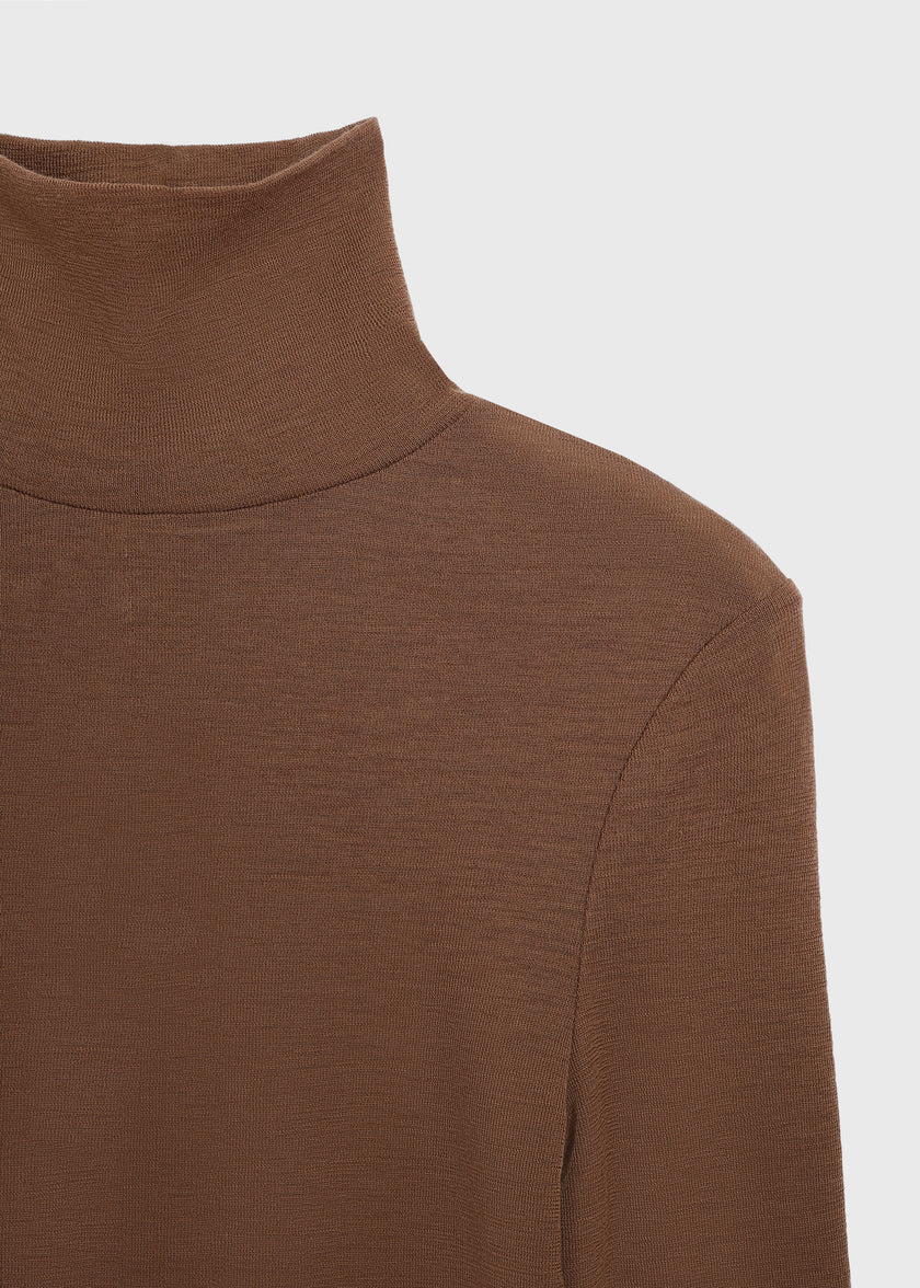 Tobacco-colored Bellville Sheer Wool Top, slim-fit turtleneck, perfect for layering