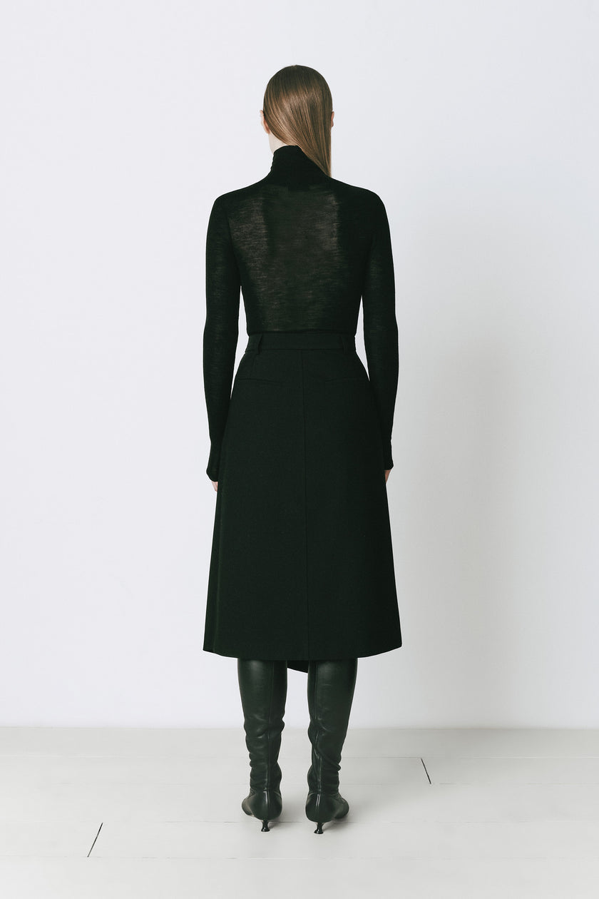 Black Belmont Wrap Skirt, turtleneck top and knee high boots, women's fashion