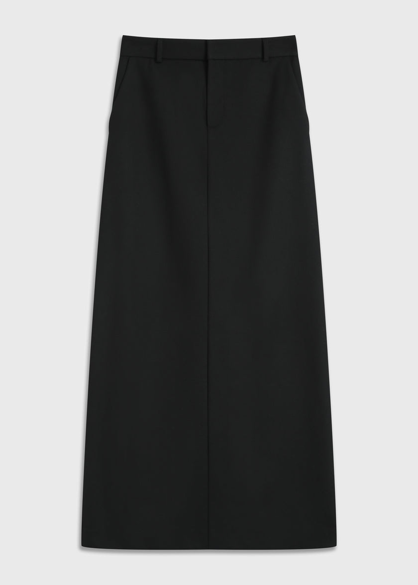 Black Belmont Wrap Skirt. Surplice front, side zipper, versatile piece for daytime or evening wear, a Rue Sophie design.