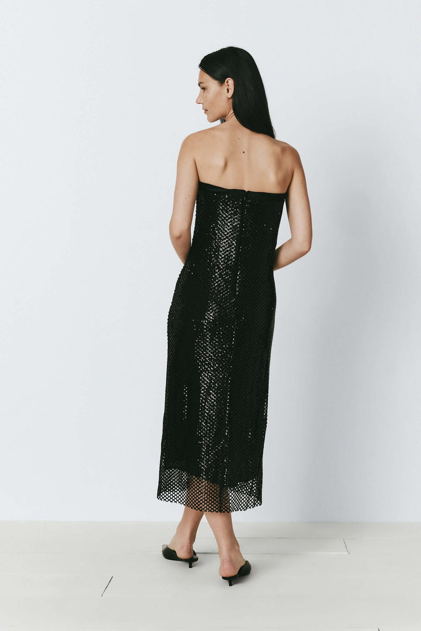 Black sequin crochet mesh dress, perfect for festive occasions