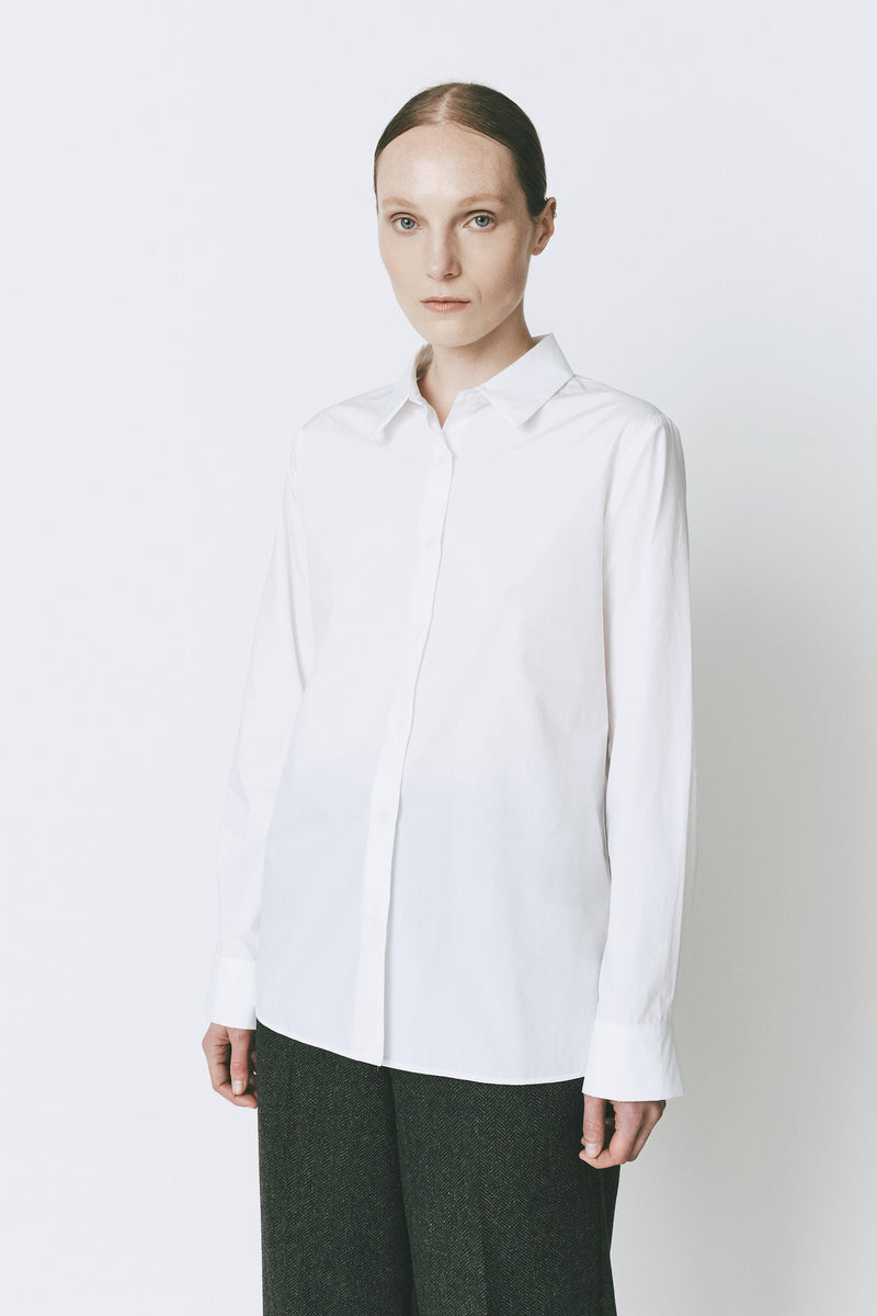 Charlot Button Down Shirt in white cotton, tailored fit for women.