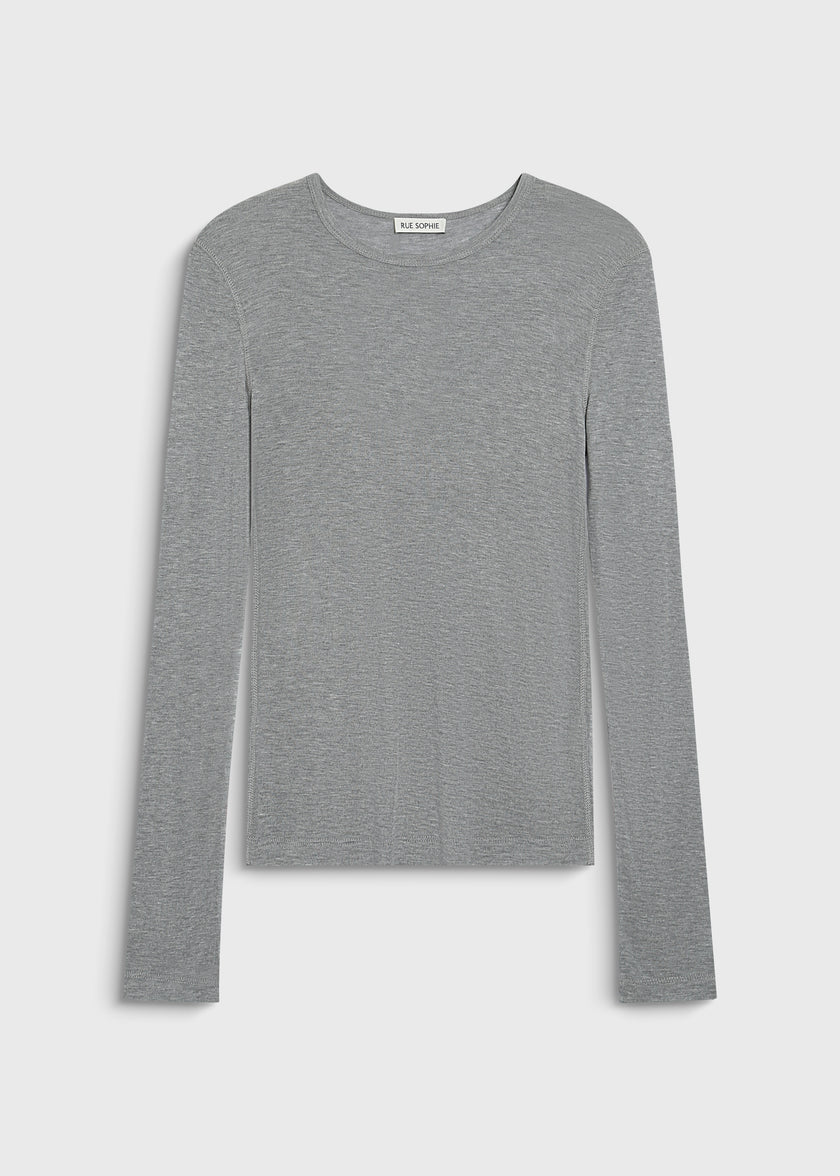 Grey Clef Long Sleeve Crewneck Top from Rue Sophie. Rayon-acrylic blend, ideal for layering.