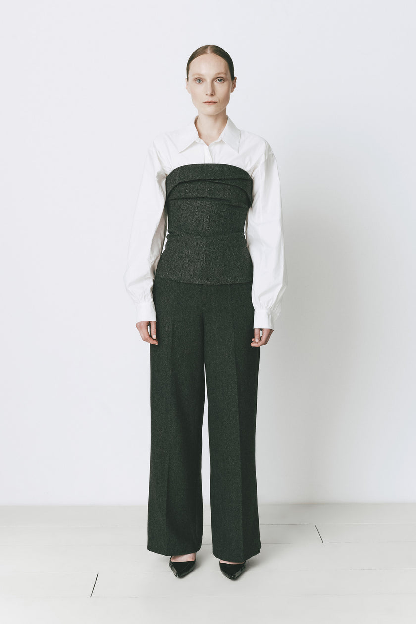 Concorde Bustier Top ensemble: Cinder herringbone bustier top with white shirt and wide-leg wool blend trousers.